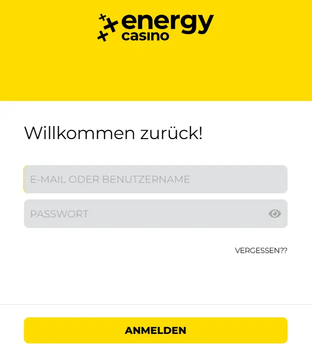 Anmeldeformular für das Energy Casino